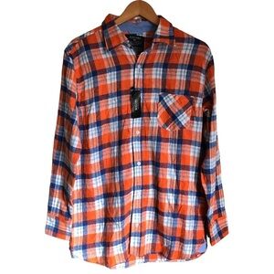 NWT BOGARI Men’s Plaid Flannel Button Down Shirt Orange Blue Size M